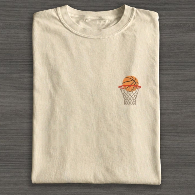 Basketball Ball in Basket Embroidery Cotton T-shirt