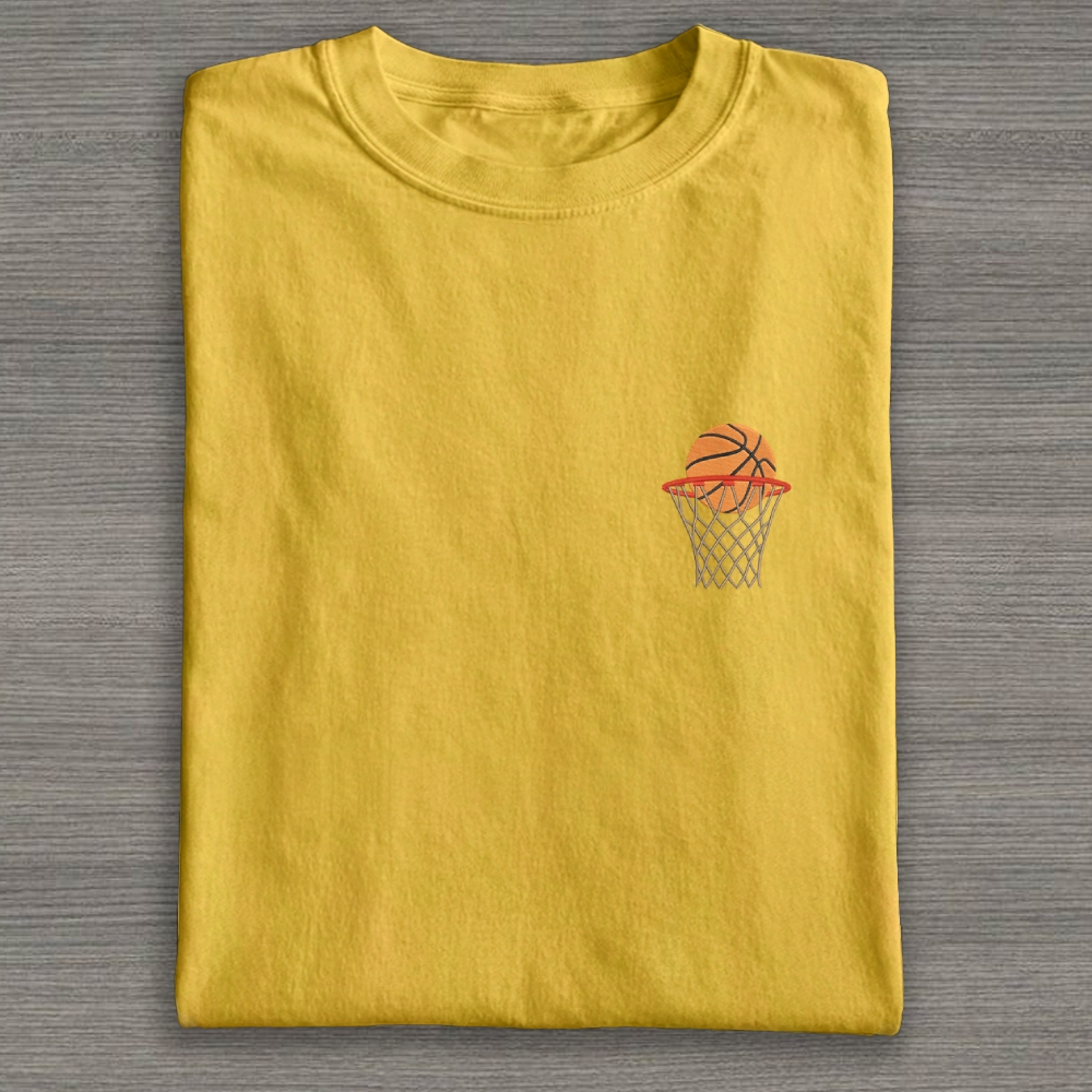 Basketball Ball in Basket Embroidery Cotton T-shirt