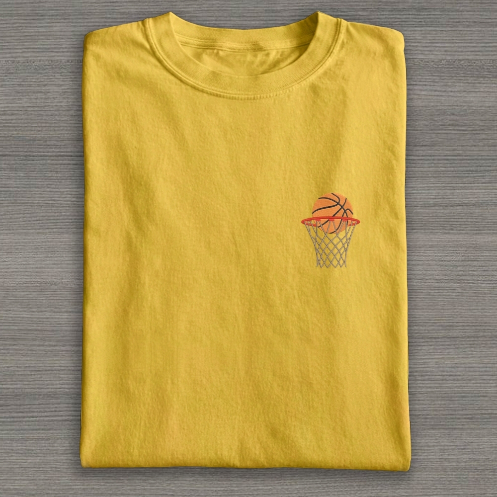 Basketball Ball in Basket Embroidery Cotton T-shirt
