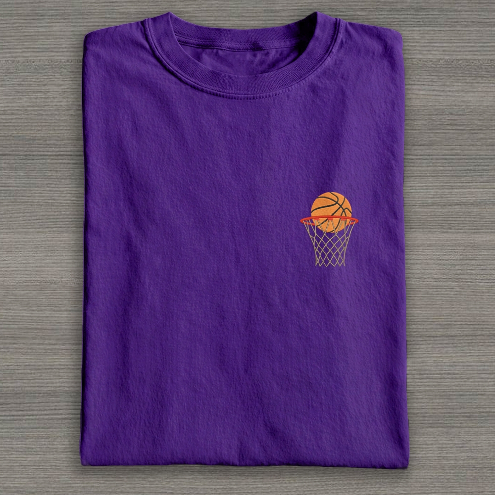 Basketball Ball in Basket Embroidery Cotton T-shirt
