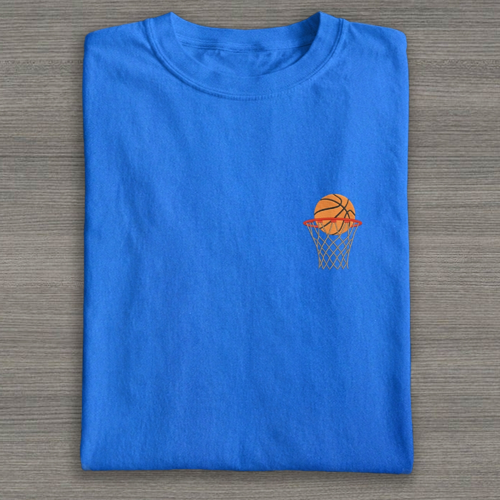 Basketball Ball in Basket Embroidery Cotton T-shirt