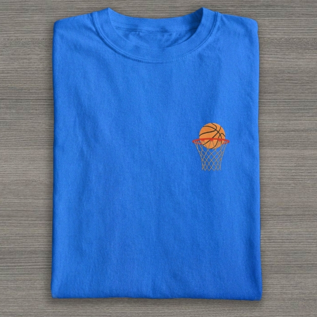Basketball Ball in Basket Embroidery Cotton T-shirt