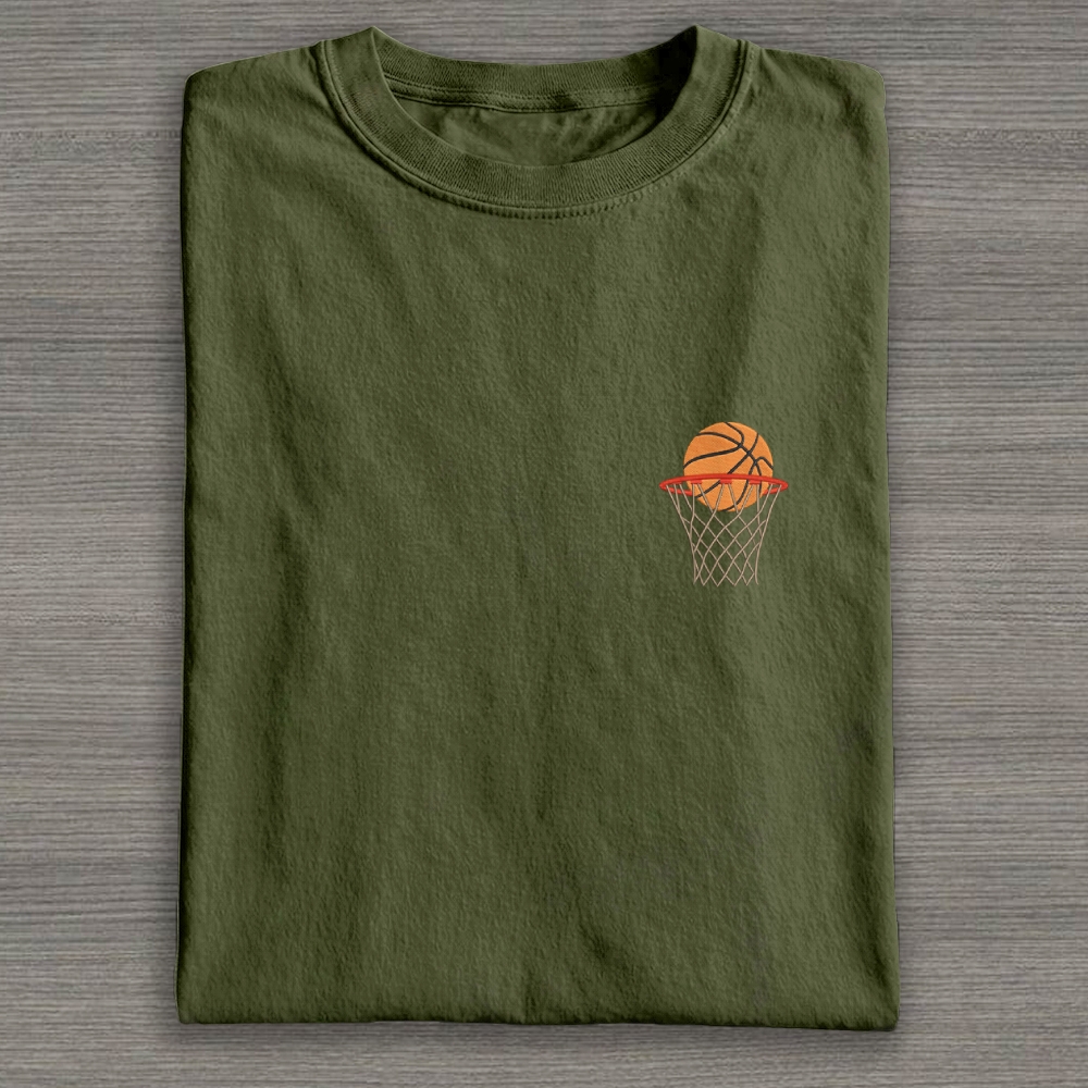 Basketball Ball in Basket Embroidery Cotton T-shirt