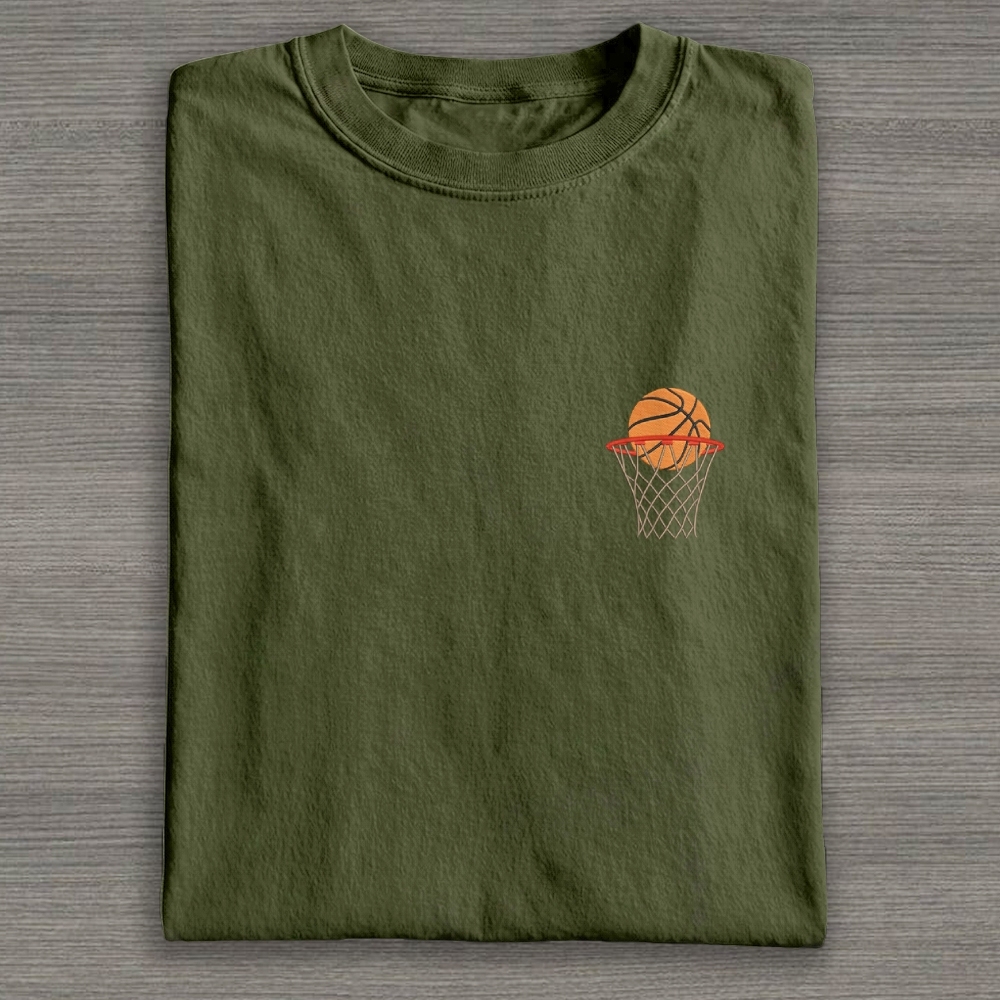 Basketball Ball in Basket Embroidery Cotton T-shirt
