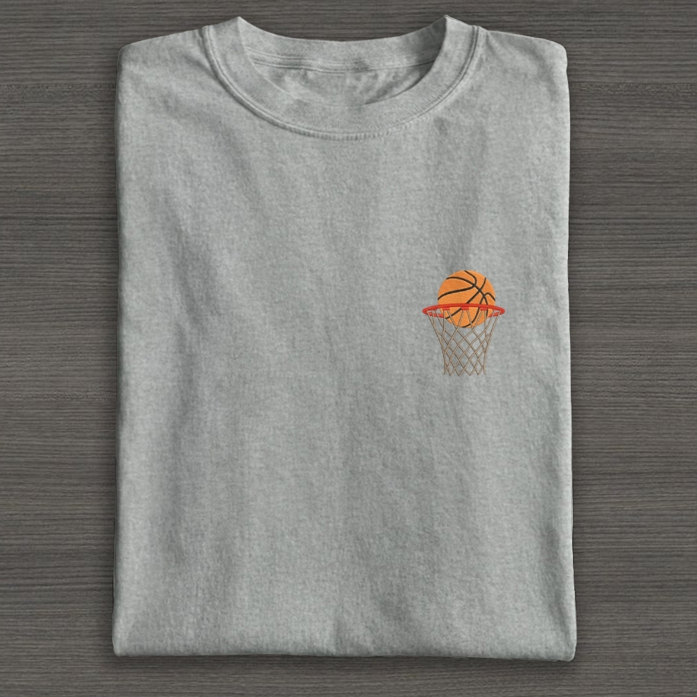 Basketball Ball in Basket Embroidery Cotton T-shirt