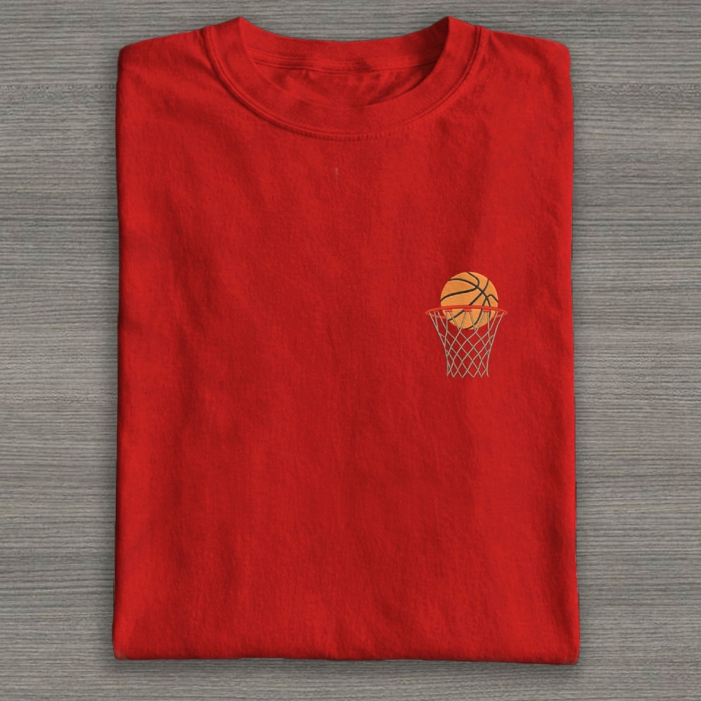 Basketball Ball in Basket Embroidery Cotton T-shirt