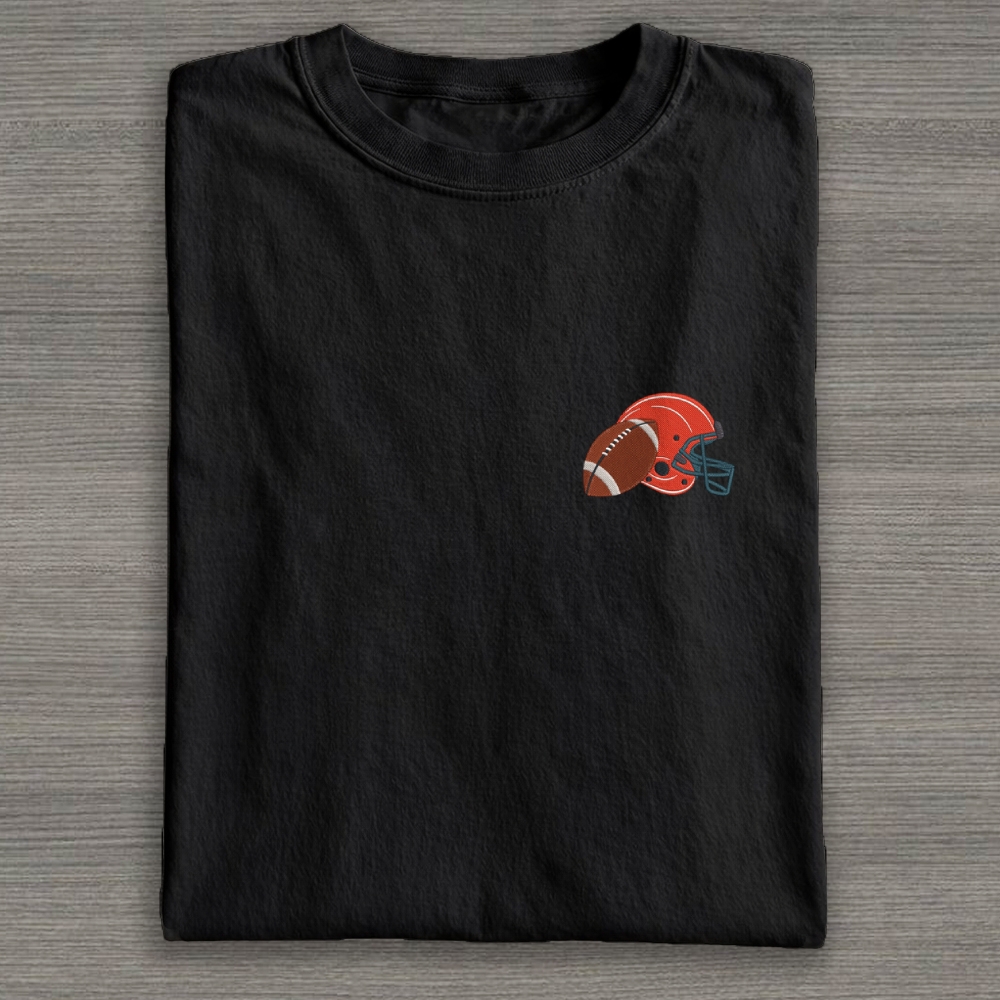 Football Helmet with Ball Embroidery Cotton T-shirt 