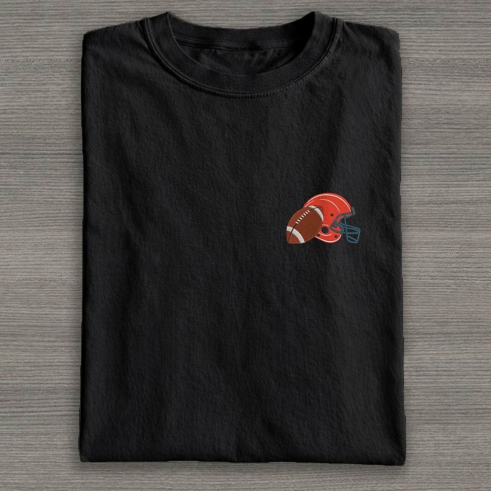 Football Helmet with Ball Embroidery Cotton T-shirt 