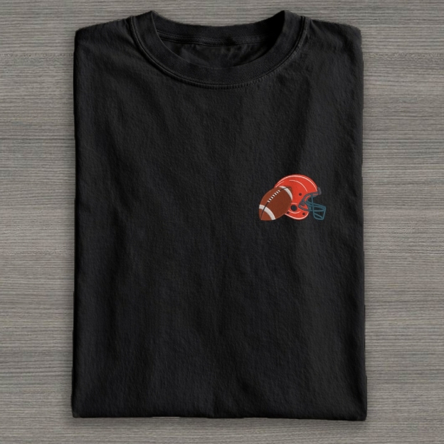 Football Helmet with Ball Embroidery Cotton T-shirt 