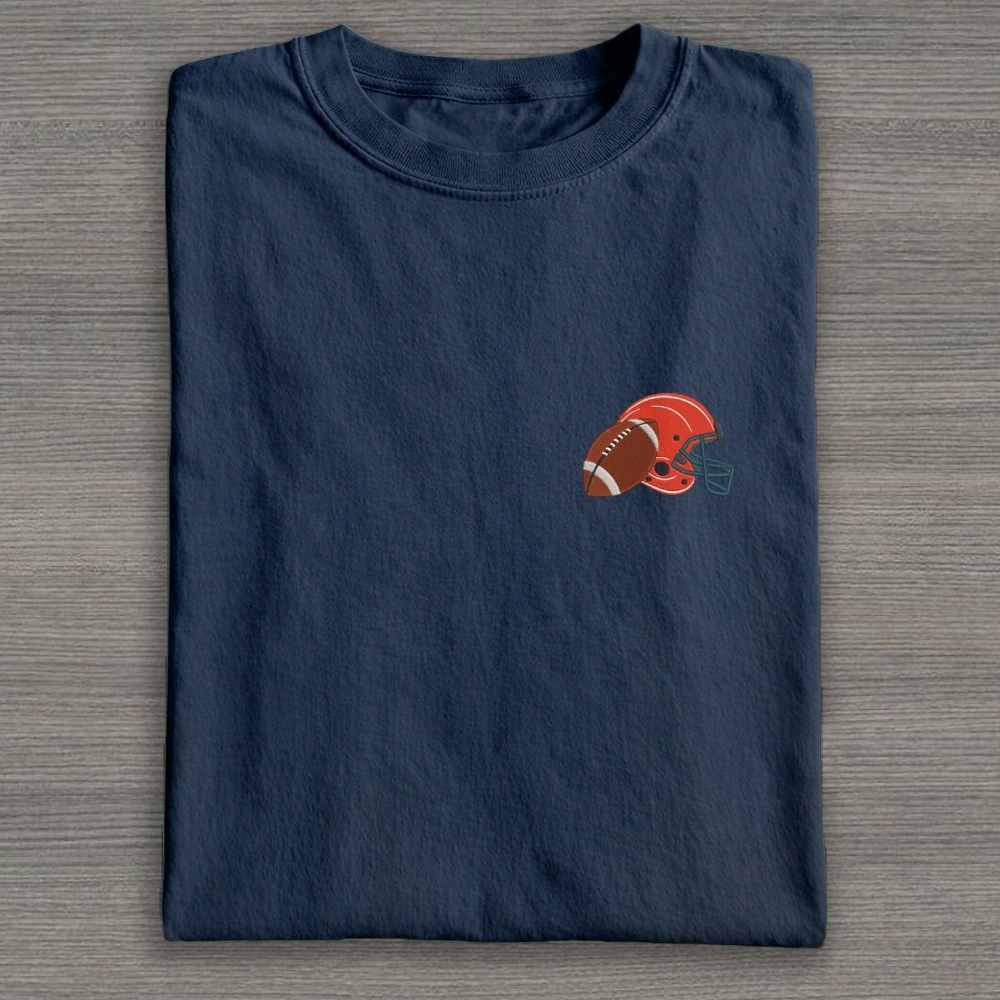 Football Helmet with Ball Embroidery Cotton T-shirt 