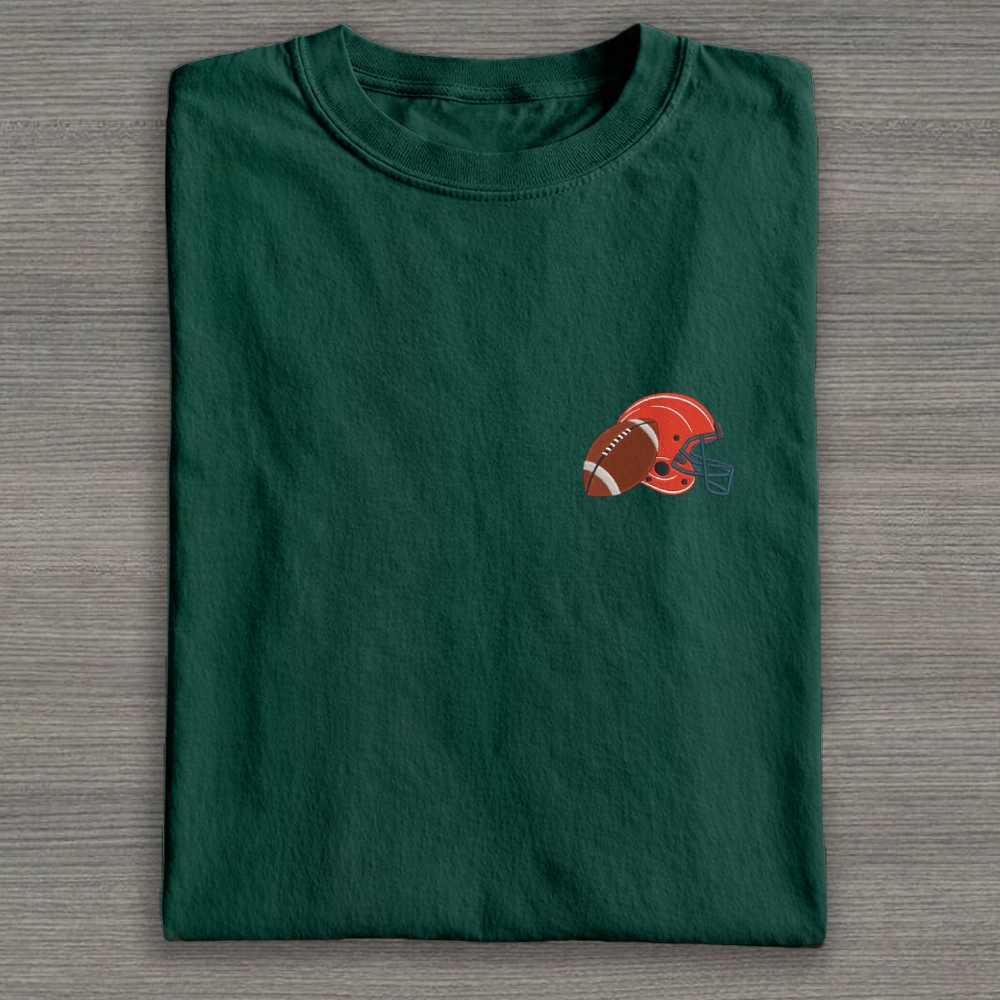 Football Helmet with Ball Embroidery Cotton T-shirt 