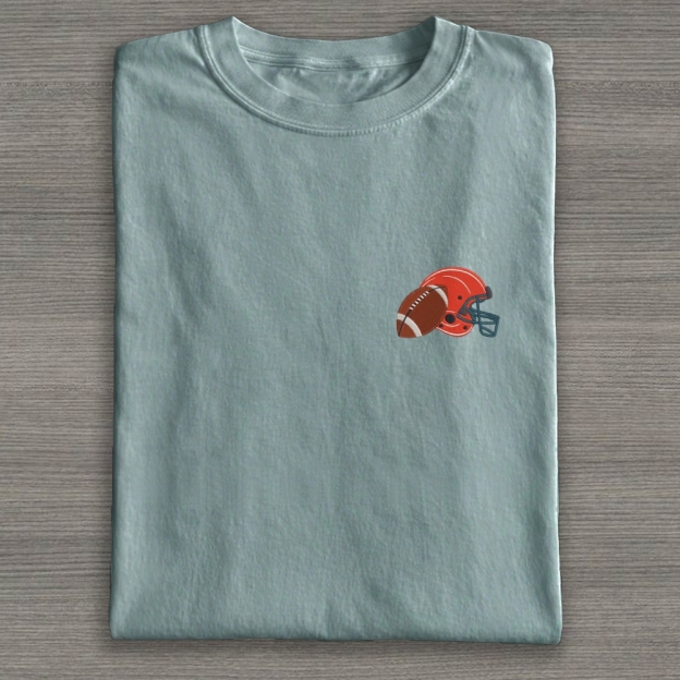 Football Helmet with Ball Embroidery Cotton T-shirt 