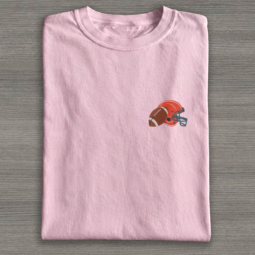 Football Helmet with Ball Embroidery Cotton T-shirt 