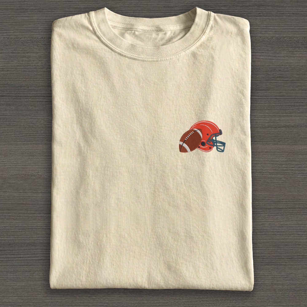 Football Helmet with Ball Embroidery Cotton T-shirt 