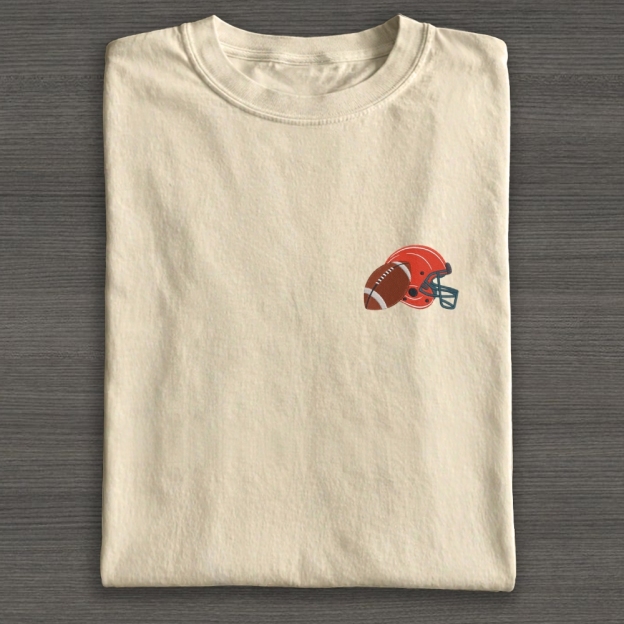 Football Helmet with Ball Embroidery Cotton T-shirt 