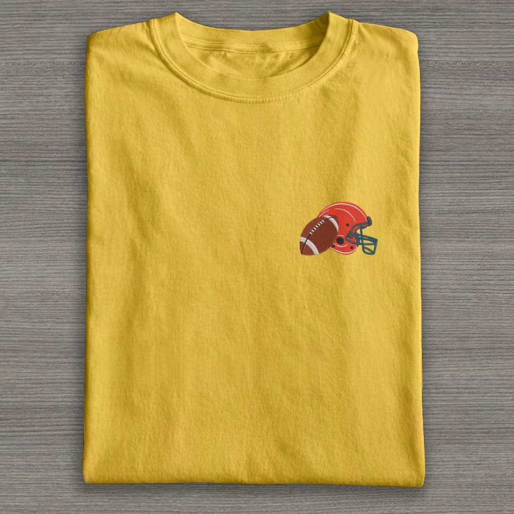 Football Helmet with Ball Embroidery Cotton T-shirt 