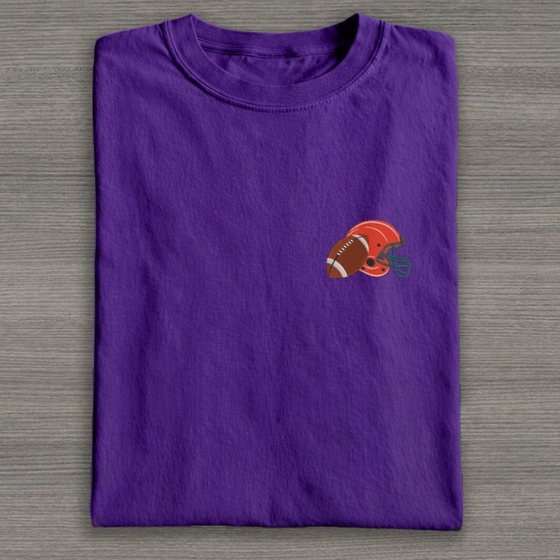 Football Helmet with Ball Embroidery Cotton T-shirt 