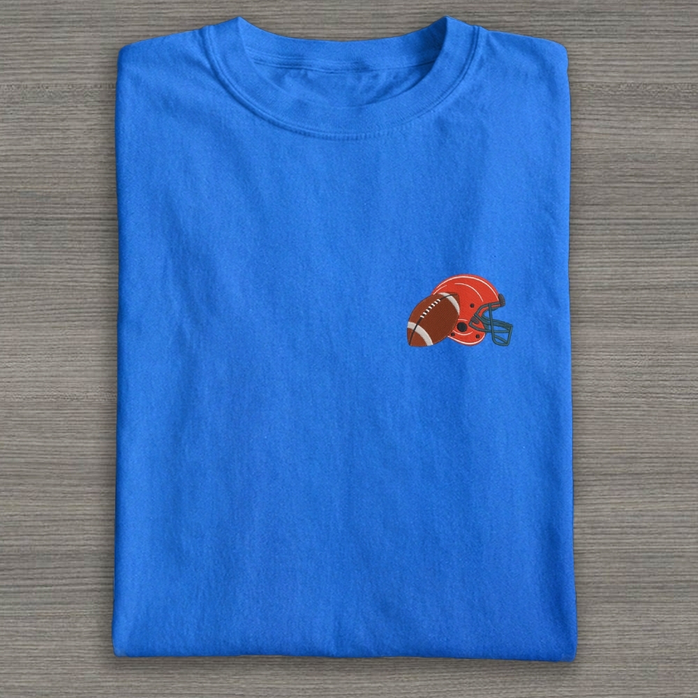 Football Helmet with Ball Embroidery Cotton T-shirt 