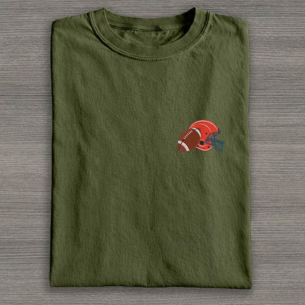 Football Helmet with Ball Embroidery Cotton T-shirt 