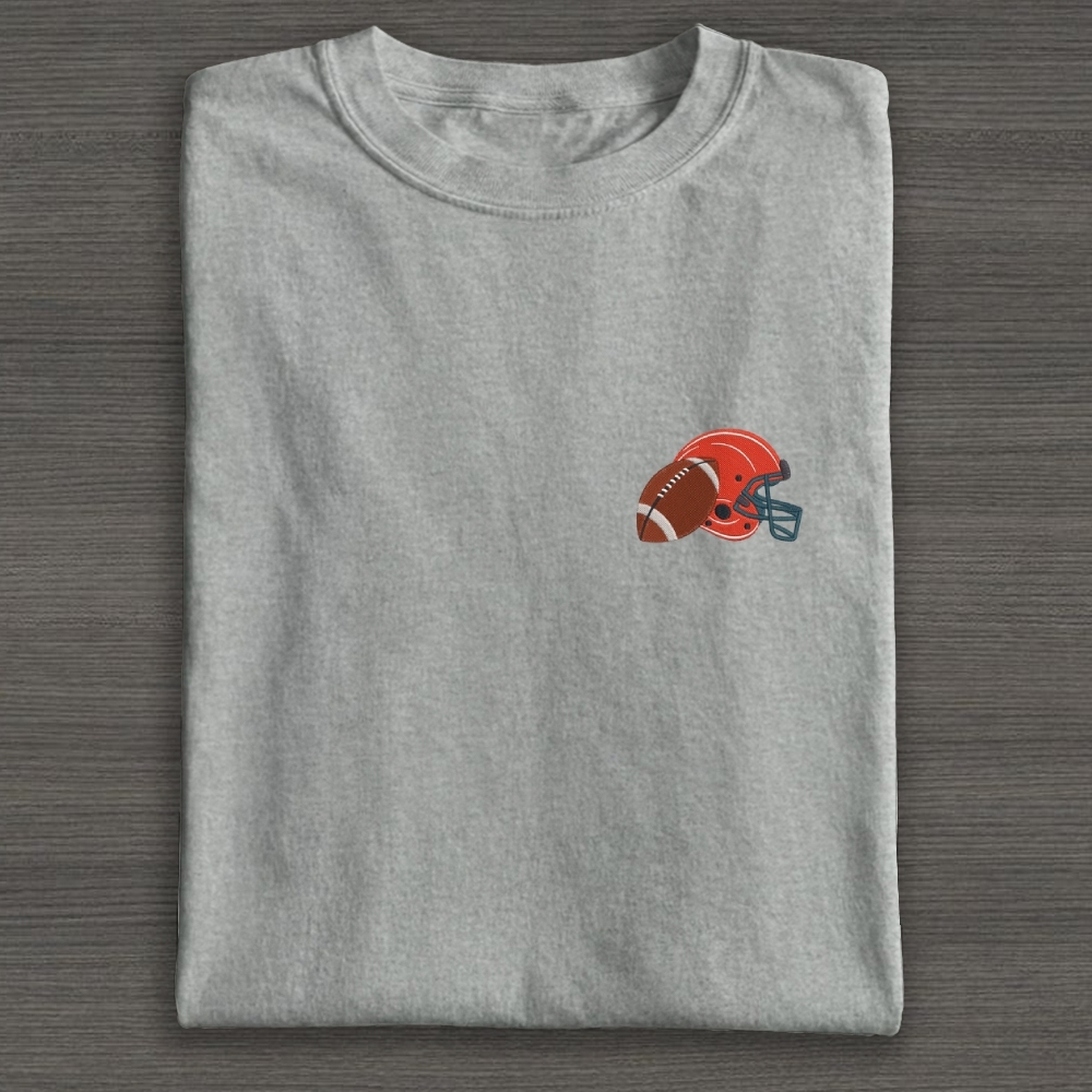 Football Helmet with Ball Embroidery Cotton T-shirt 
