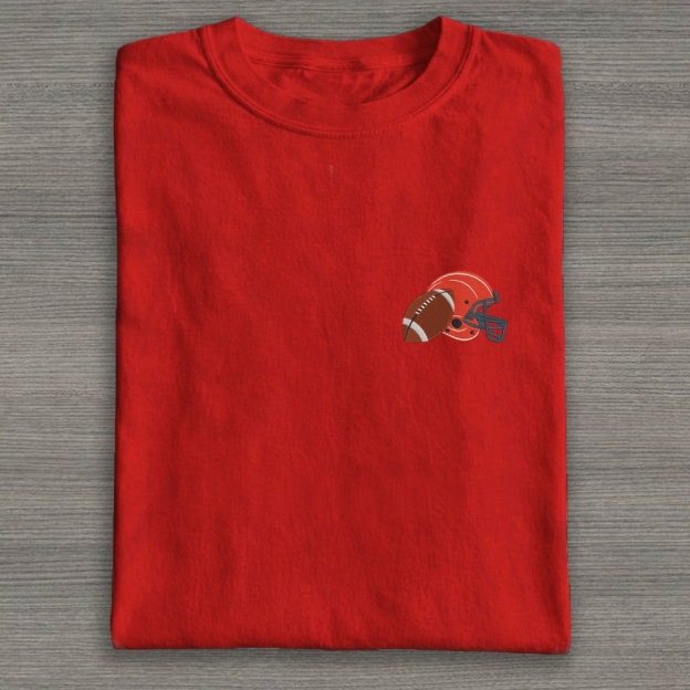 Football Helmet with Ball Embroidery Cotton T-shirt 