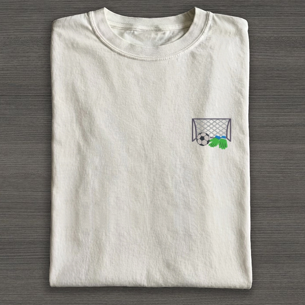 Football Ball Goal and Gloves Embroidery Cotton T-shirt 