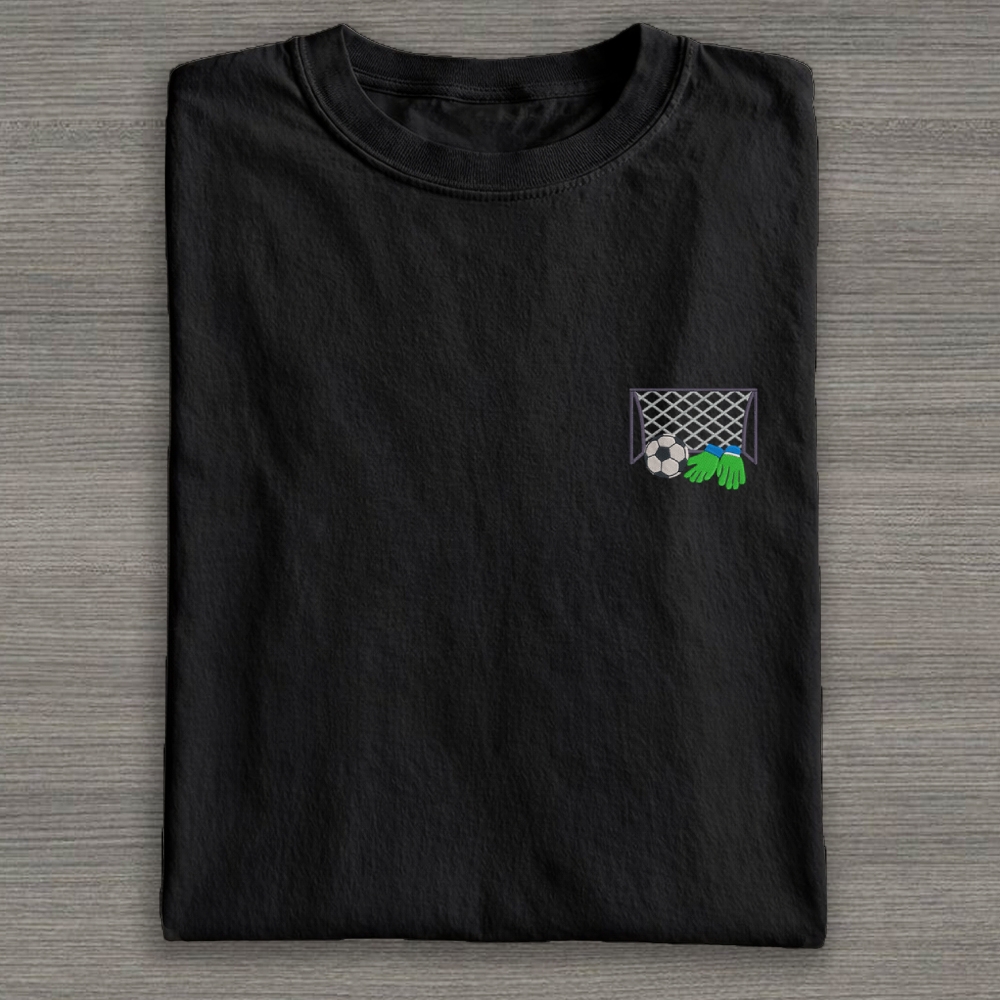 Football Ball Goal and Gloves Embroidery Cotton T-shirt 