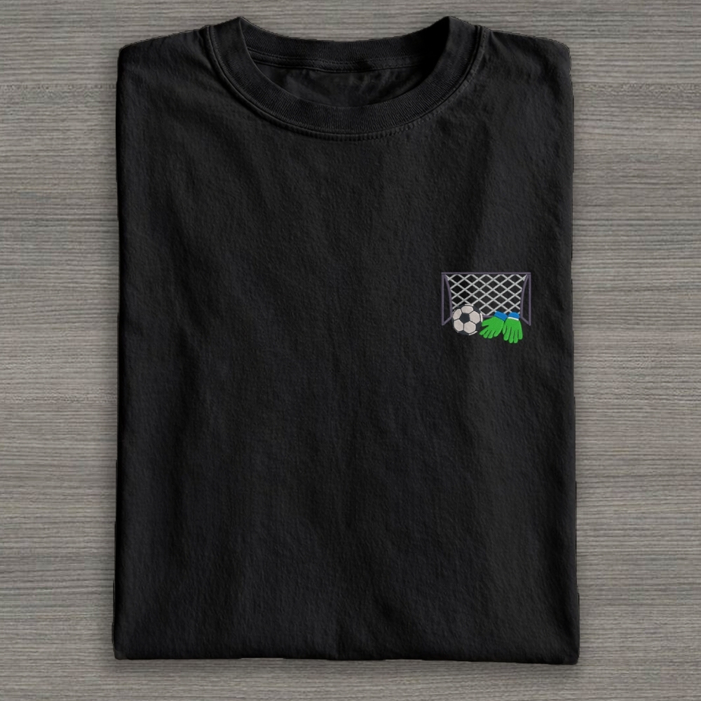 Football Ball Goal and Gloves Embroidery Cotton T-shirt 