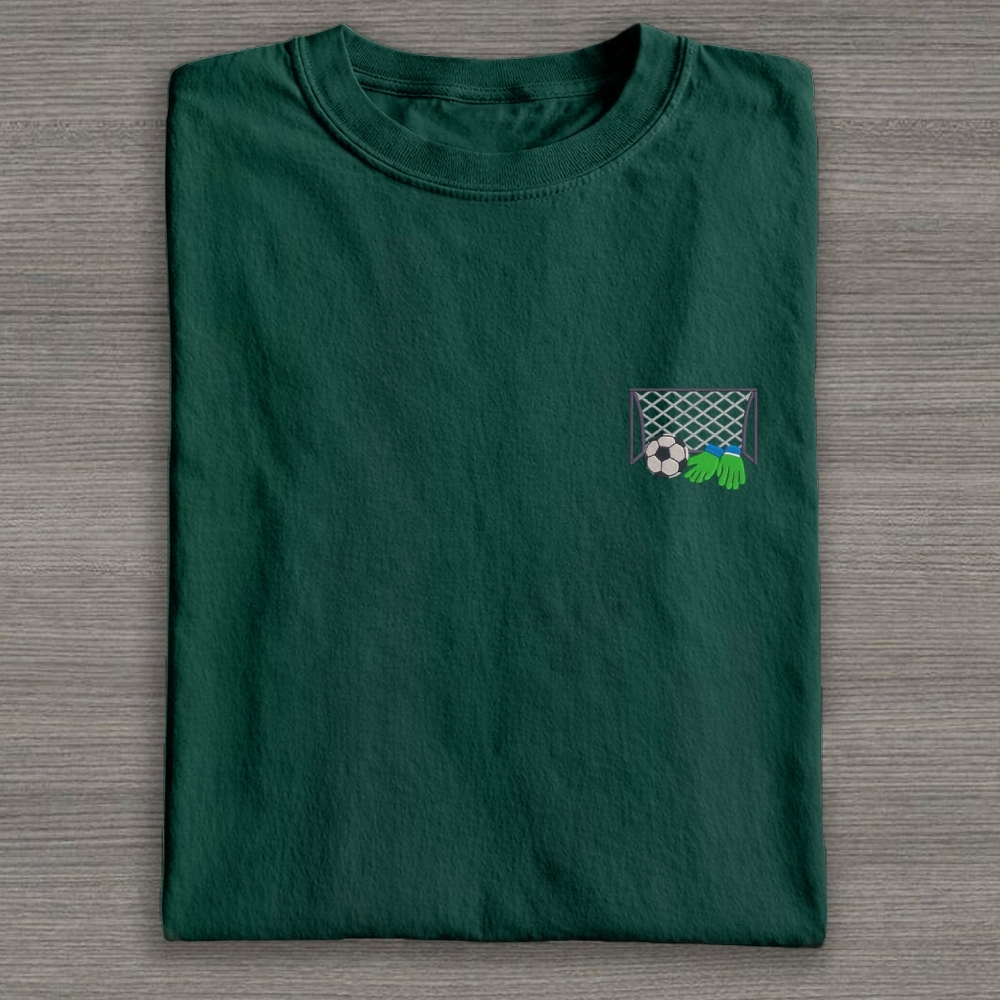 Football Ball Goal and Gloves Embroidery Cotton T-shirt 