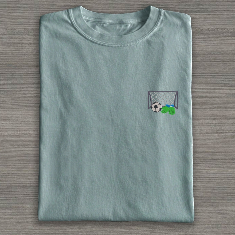 Football Ball Goal and Gloves Embroidery Cotton T-shirt 