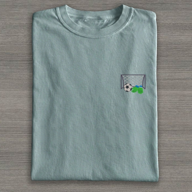 Football Ball Goal and Gloves Embroidery Cotton T-shirt 