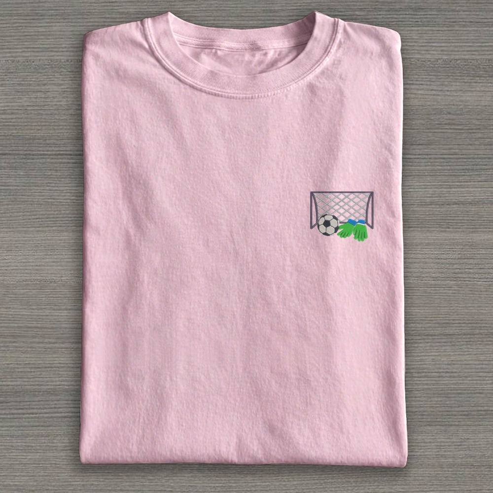 Football Ball Goal and Gloves Embroidery Cotton T-shirt 
