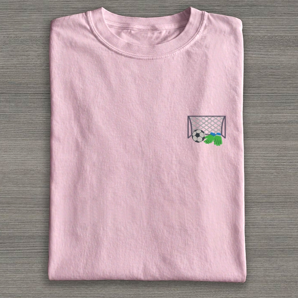 Football Ball Goal and Gloves Embroidery Cotton T-shirt 