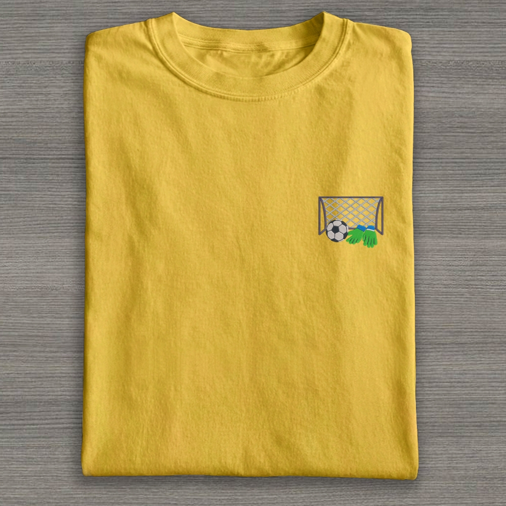 Football Ball Goal and Gloves Embroidery Cotton T-shirt 