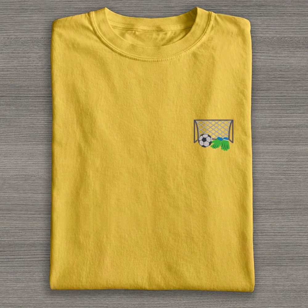 Football Ball Goal and Gloves Embroidery Cotton T-shirt 