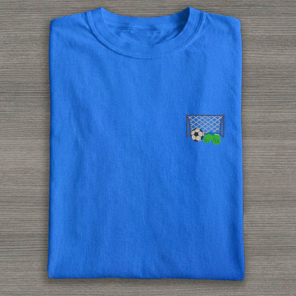 Football Ball Goal and Gloves Embroidery Cotton T-shirt 