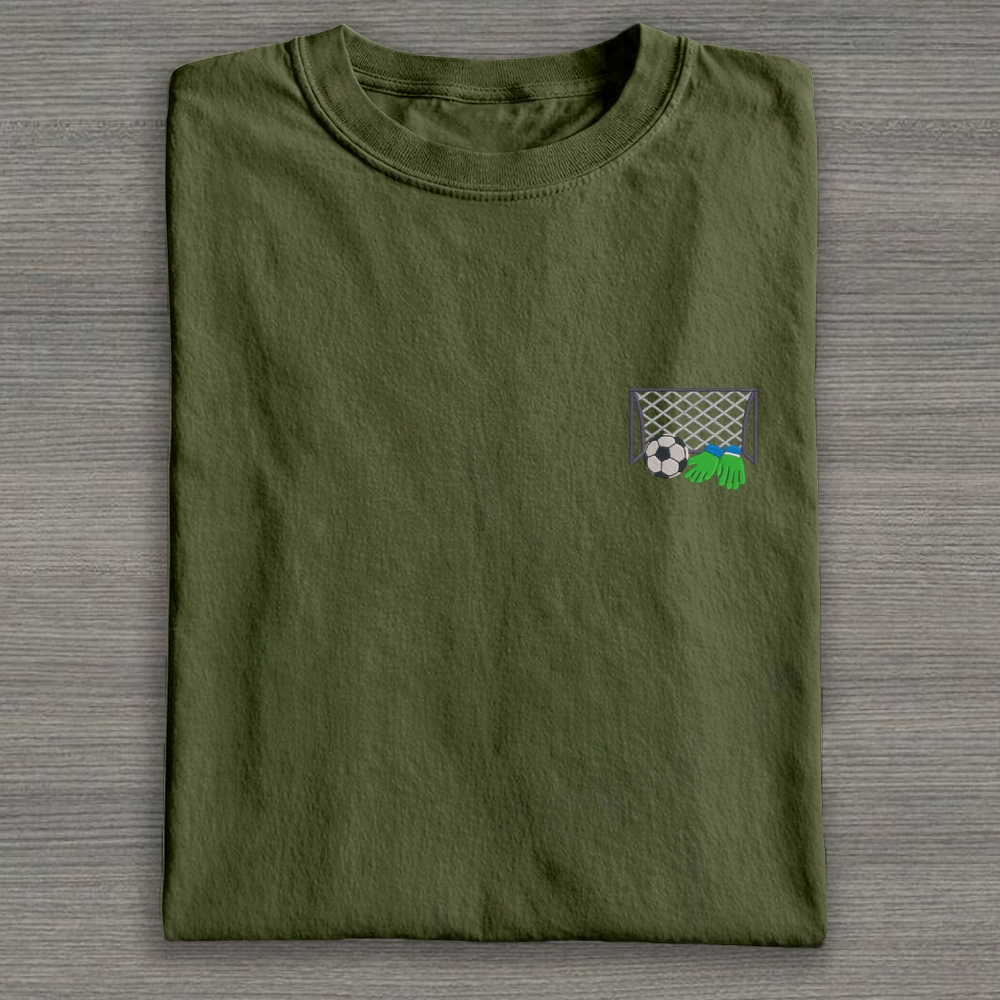 Football Ball Goal and Gloves Embroidery Cotton T-shirt 