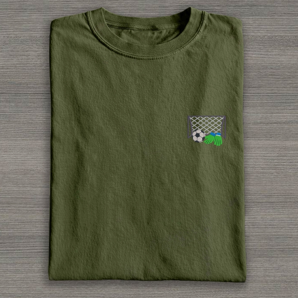 Football Ball Goal and Gloves Embroidery Cotton T-shirt 