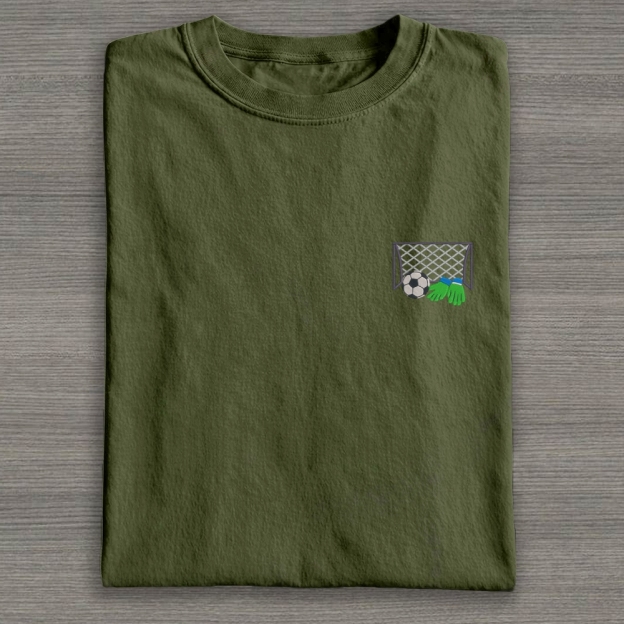Football Ball Goal and Gloves Embroidery Cotton T-shirt 