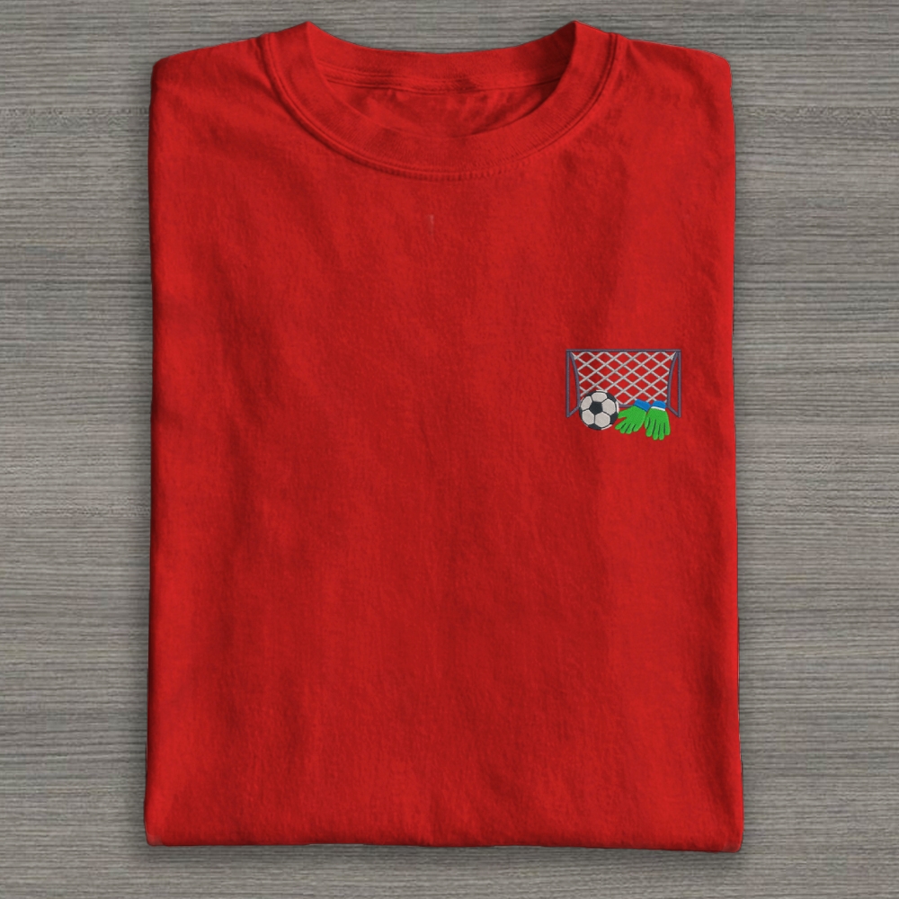Football Ball Goal and Gloves Embroidery Cotton T-shirt 