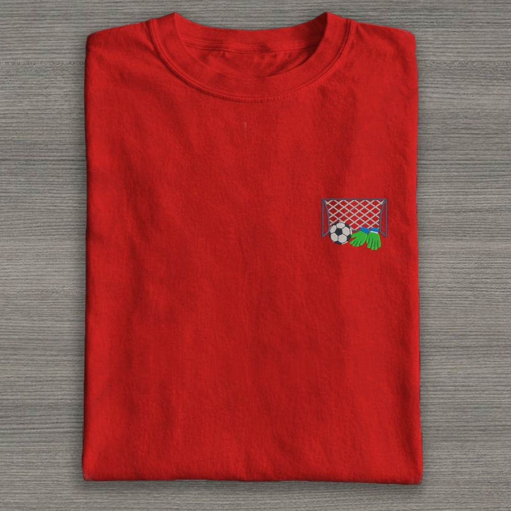 Football Ball Goal and Gloves Embroidery Cotton T-shirt 