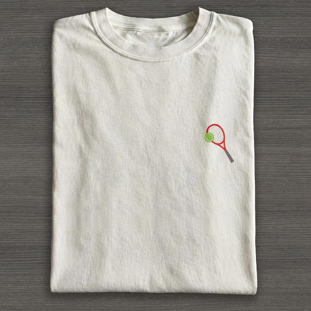 Big Tennis Racket with Ball Embroidery Cotton T-shirt 
