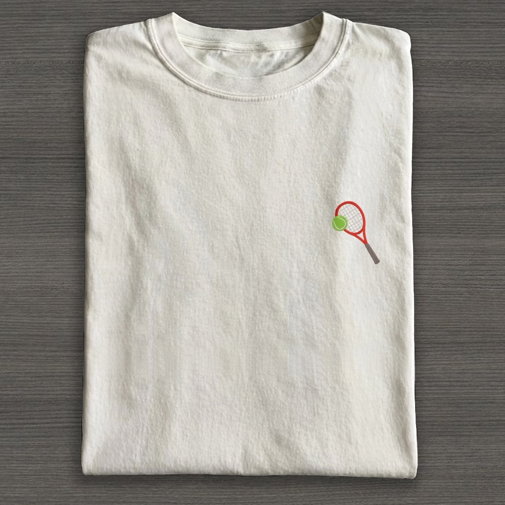 Big Tennis Racket with Ball Embroidery Cotton T-shirt 