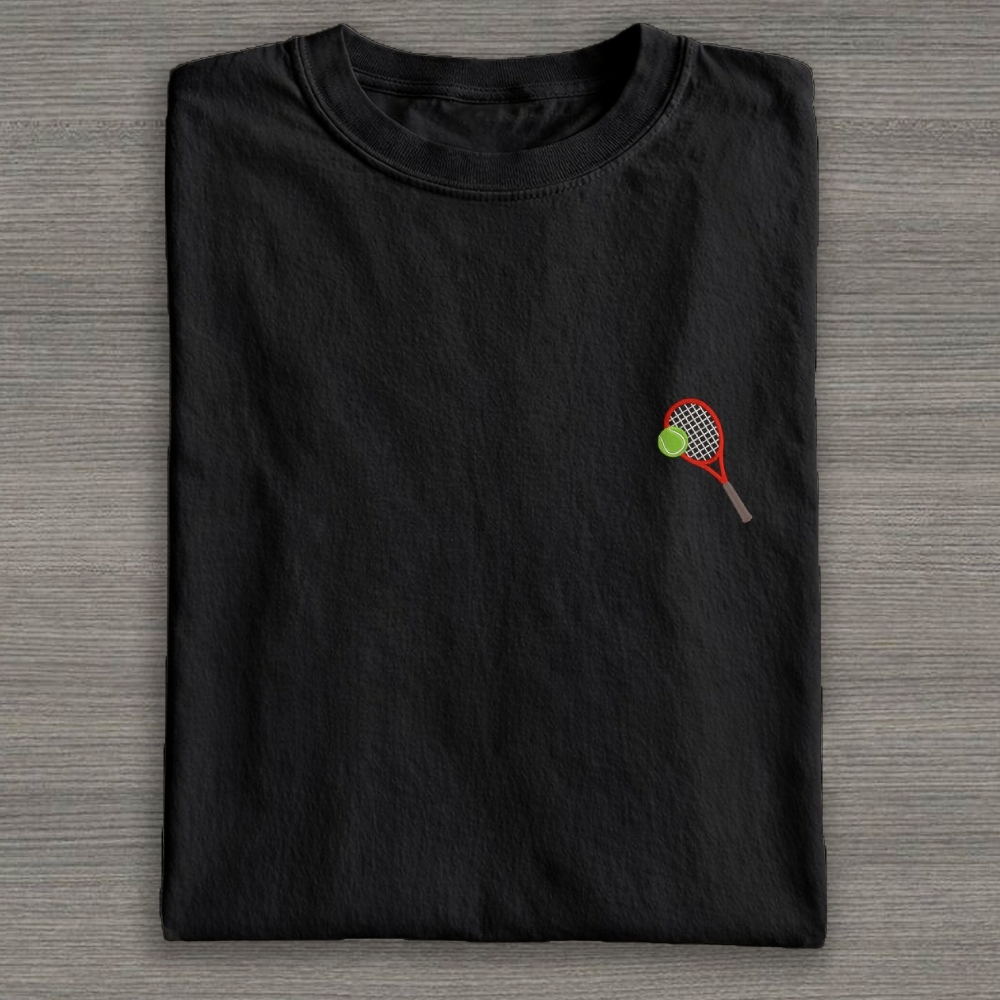 Big Tennis Racket with Ball Embroidery Cotton T-shirt 