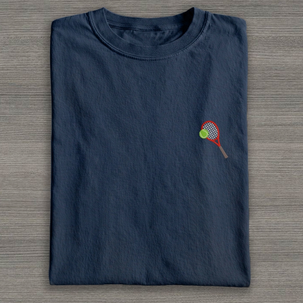 Big Tennis Racket with Ball Embroidery Cotton T-shirt 