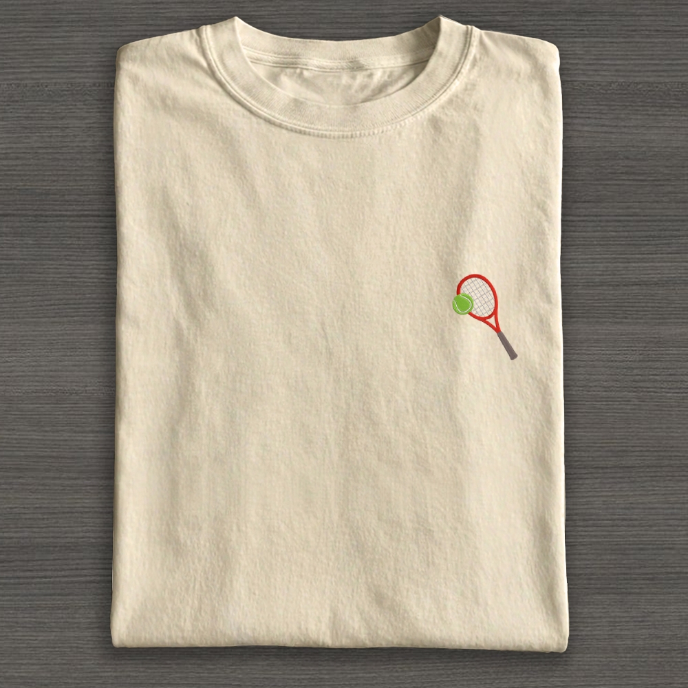 Big Tennis Racket with Ball Embroidery Cotton T-shirt 