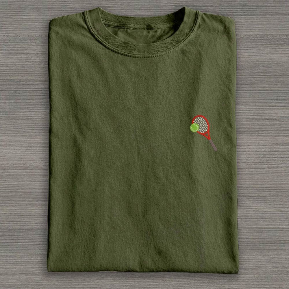 Big Tennis Racket with Ball Embroidery Cotton T-shirt 