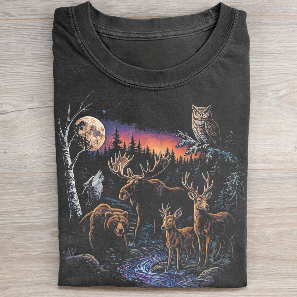 "Moonlit Forest Wildlife" Vintage Nature Vintage Washed Tee 