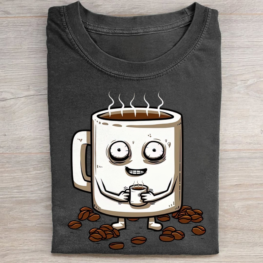 Funny Crazy Coffee Mug Cartoon Washed Tee 