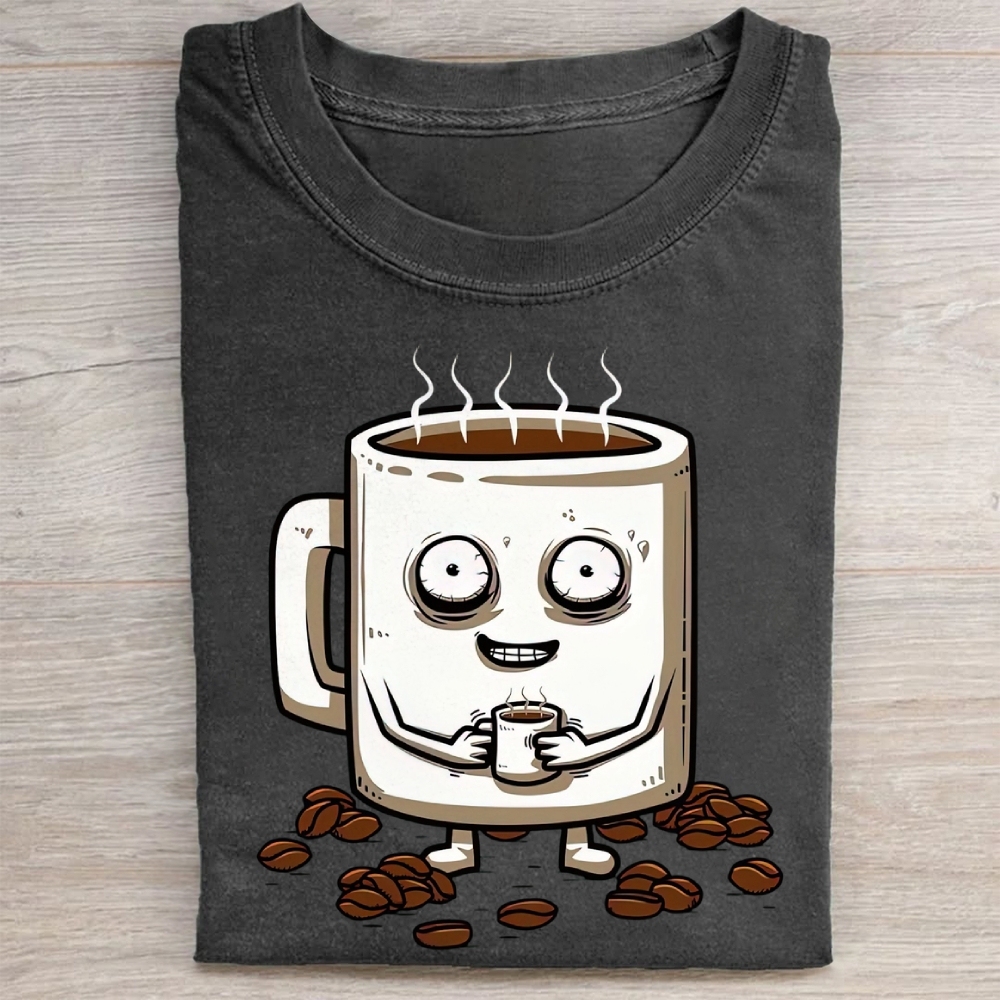 Funny Crazy Coffee Mug Cartoon Washed Tee 